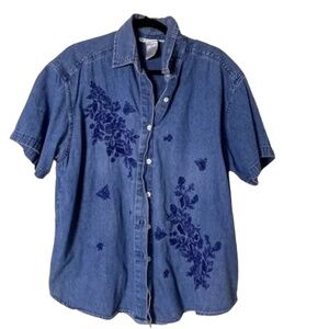 Jean Flower Floral Chic Glam Hipster Hippie Artsy Button Down Girly Blouse